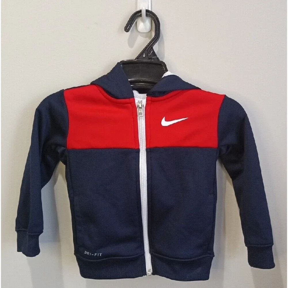 Nike Dri-Fit Boys 24M Blue Red Full Zip Hooded Jacket